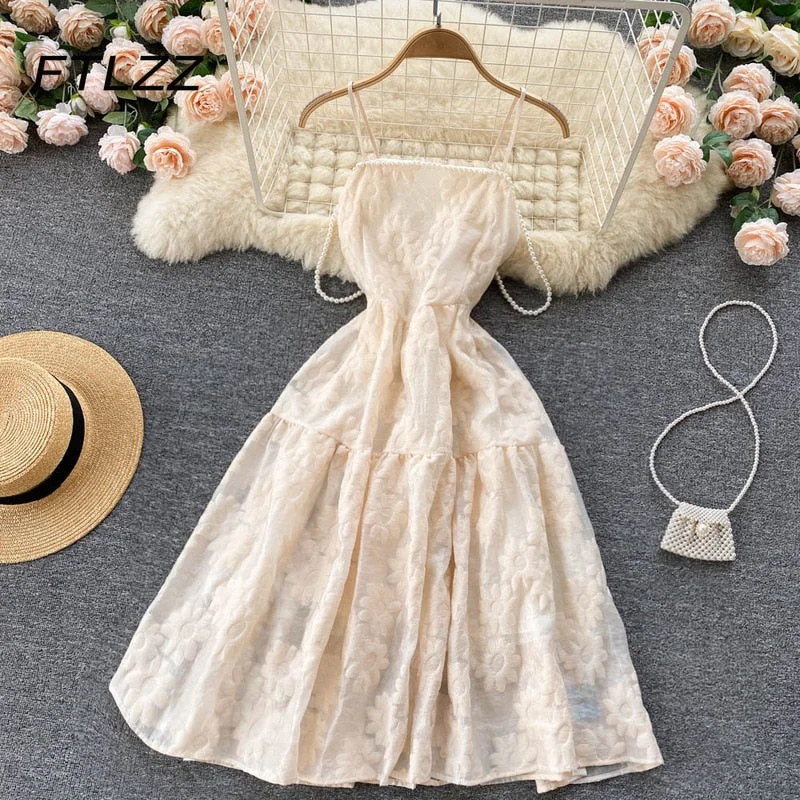 Summer Jacquard Party Dress Women Fashion Square Neck Beaded Elegant Dress Ladies Sweet French High Waisted Midi Dress Tunics Handmade artisanal