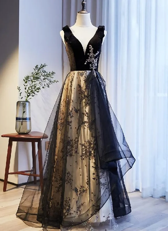V-neckline Black Tulle with Velvet Top Long Evening Dress Party Dress, A-line Wedding Party Dress Tunics Ceremony elegant