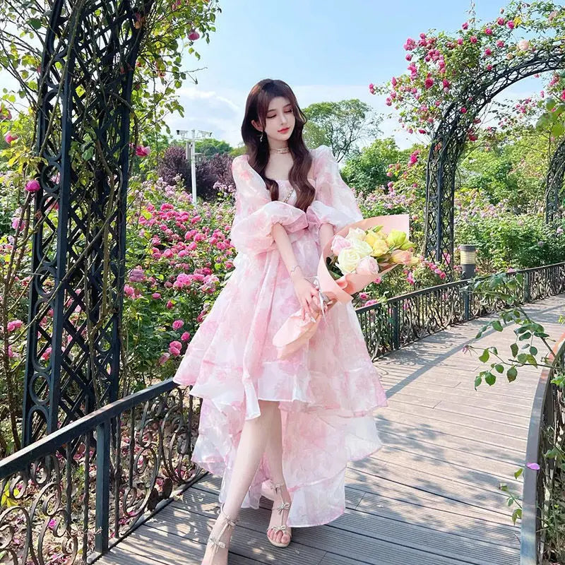 Vintage Floral Sweet Midi Dress Women Irregular Elegant Puff Sleeve Fairy Dress Female 2024 Summer Casual Beach Party Dress Chic Tunics Sophisticated sleek