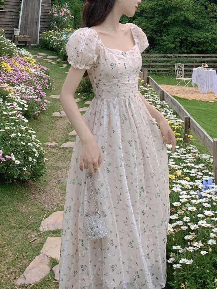 Vintage Puff Sleeve Fairy Midi Dress Women Sweet Elegant Korean Style Floral Dress Female 2024 Summer Casual Party Dresses Chic Bodycon Fitted Nightout
