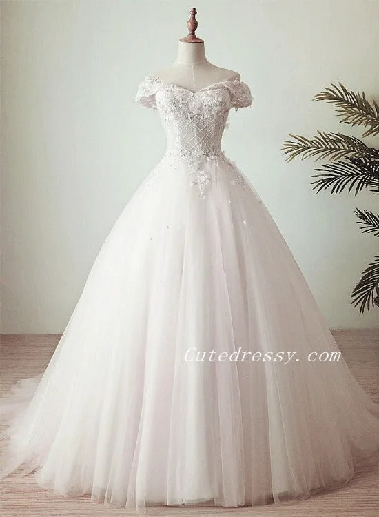 White Tulle with Flowers Long Off Shoulder Wedding Party Dress, White Formal Gowns Boat Neckline Classic