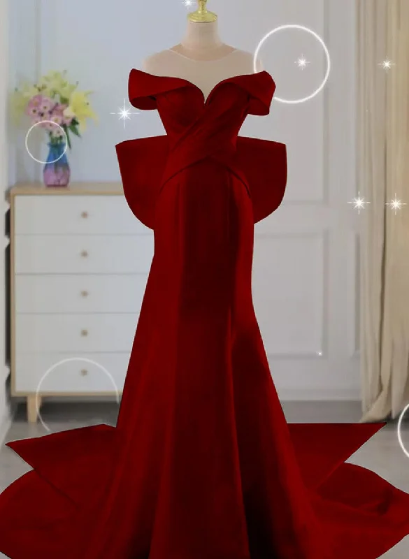 Wine Red Mermaid Long Party Dress with Bow, Wine Red Wedding Party Dress Tunics New arrival
