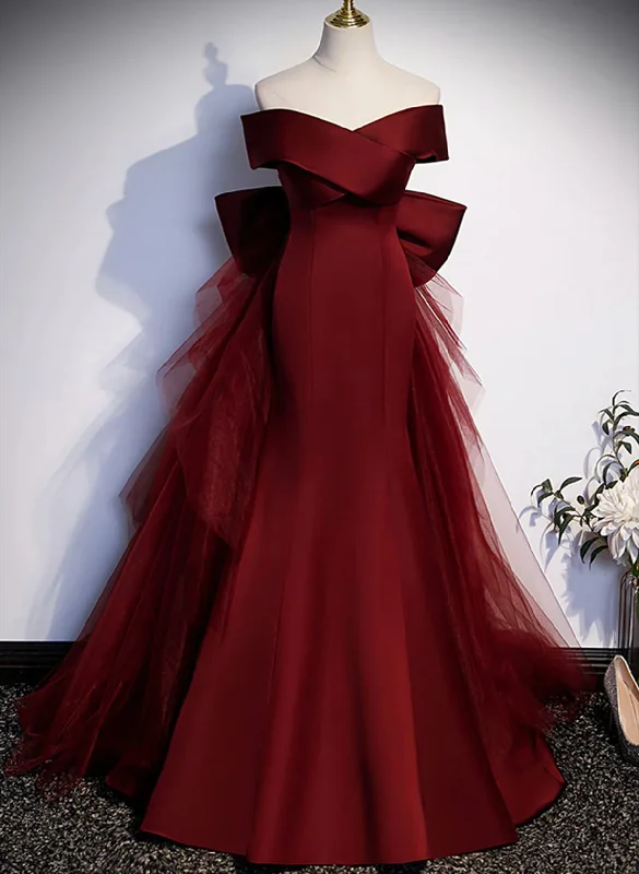 Wine Red Mermaid Long Prom Dress, Off the Shoulder V-Neck Wedding Party Dress Tunics Exclusive limited
