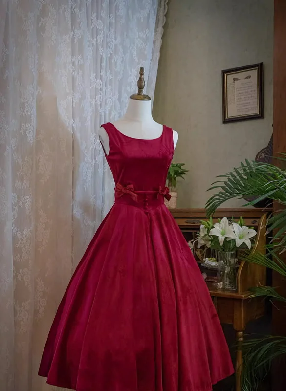 Wine Red Satin Tea Length Party Dress with Bow, Wine Red Wedding Party Dress Pencil Length Work