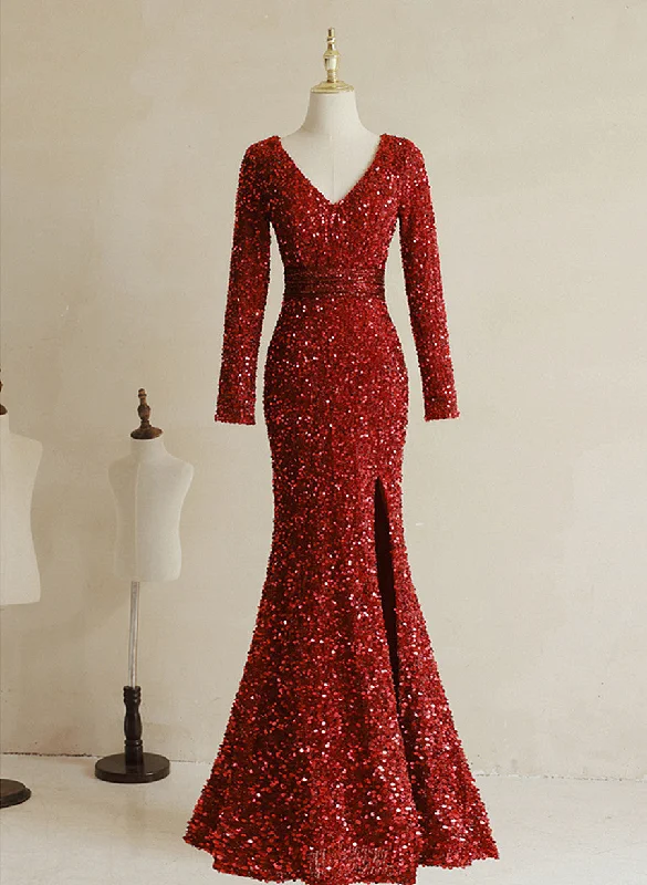 Wine Red Sequins Mermaid Long Sleeves Party Dress, Wine Red Long Wedding Party Dress Tunics Bestseller popular