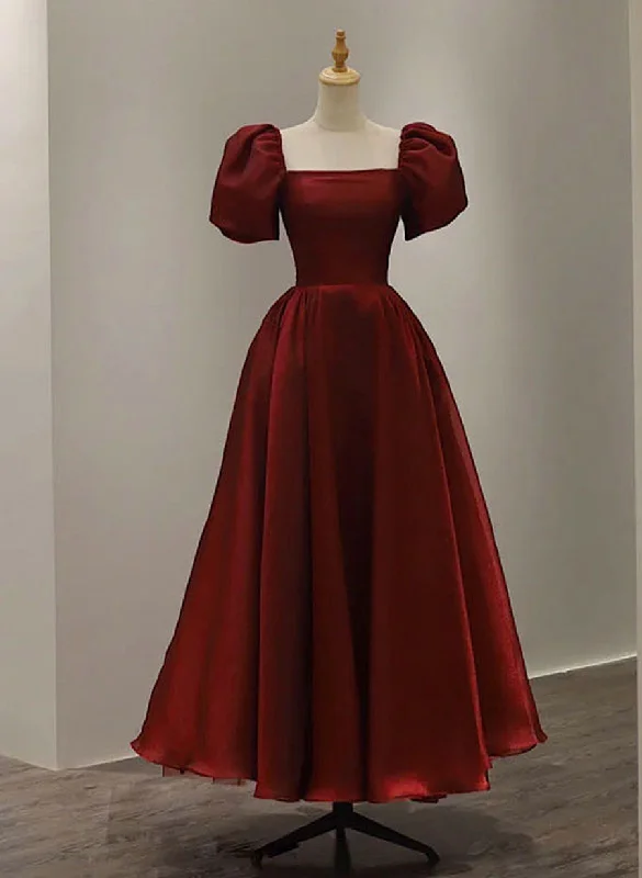 Wine Red Short Sleeves Tea Length Wedding Party Dress, Wine Red Prom Dress Tunics Print Colorful