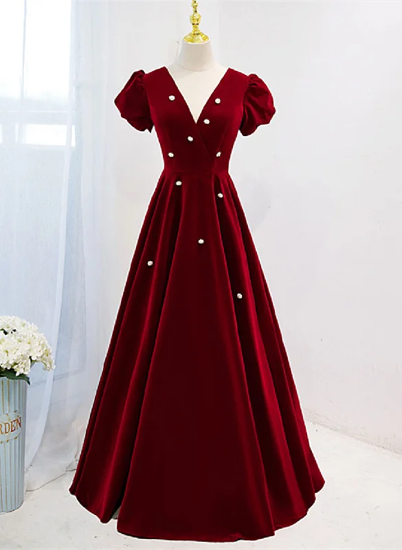 Wine Red V-neckline Velvet Prom Dress Party Dress, A-line Wedding Party Dress Tunics Long Elegant