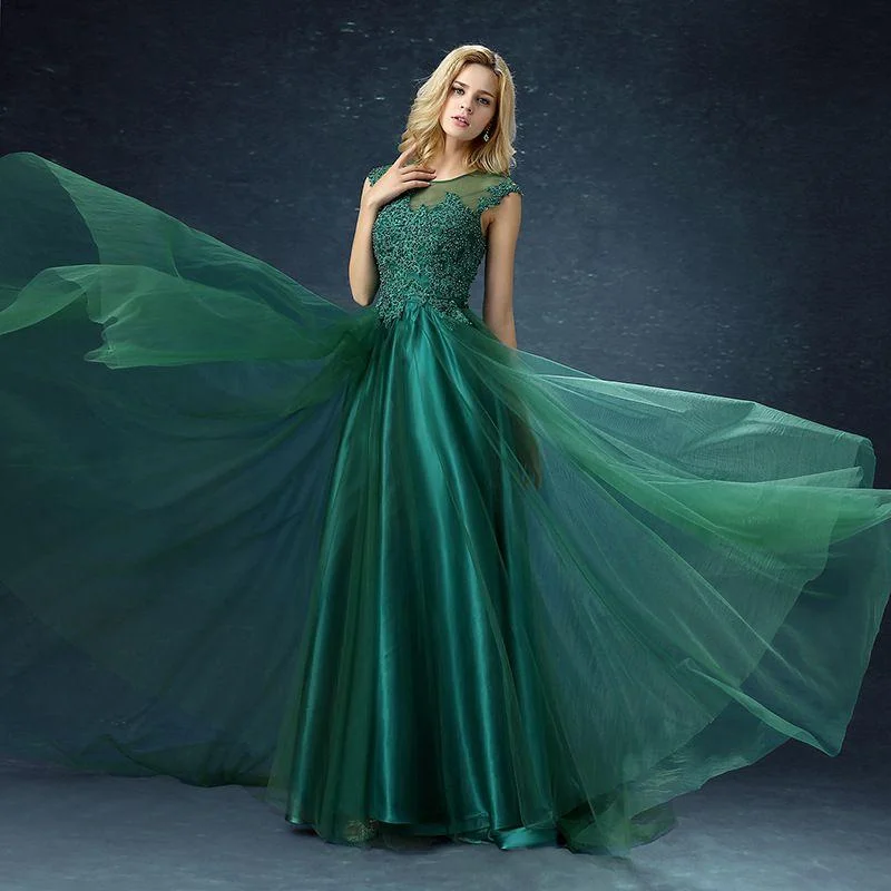 Women Elegant Green Color Classic Lace Sleeveless Floor Length Evening Party Dress Tunics Silk luxurious