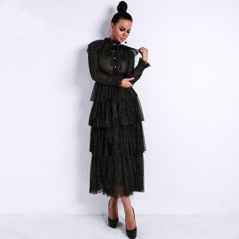 Women Elegant Vintage Pattern Ruffled Long-sleeve Buttoned Ankle-length Tiered Party Dress Tunics Trendy modern