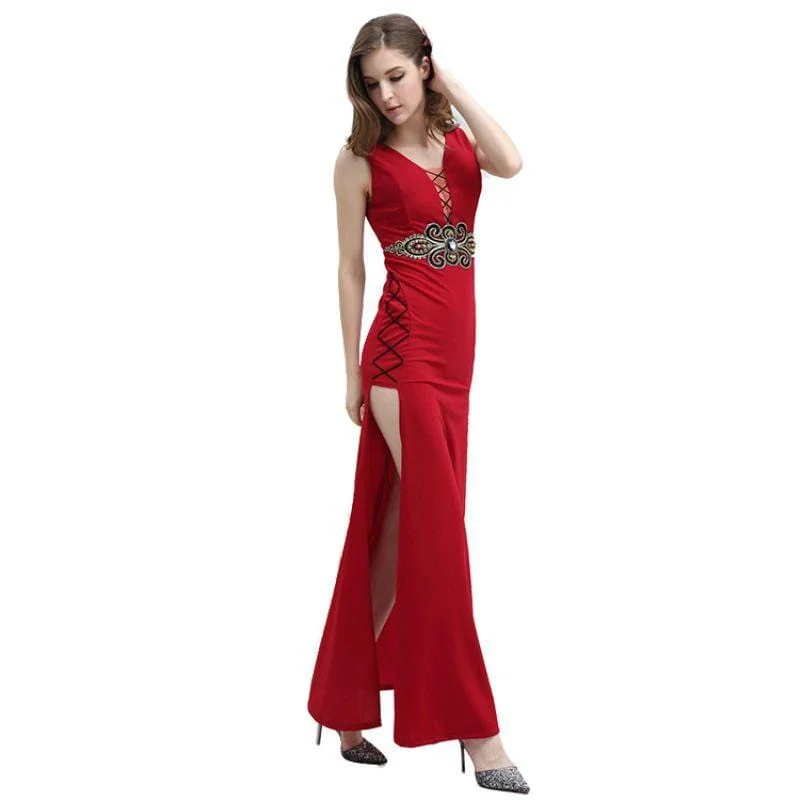 Women Floor Length Sexy Side-slit Sleeveless Tight Party Dress Tunics Evening elegant