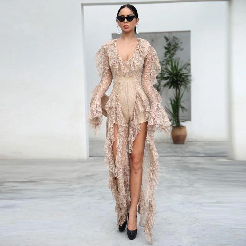 Women Irregular Design High-fashion Ruffled Lace Slit Party Dress Rompers Tunics Brand named