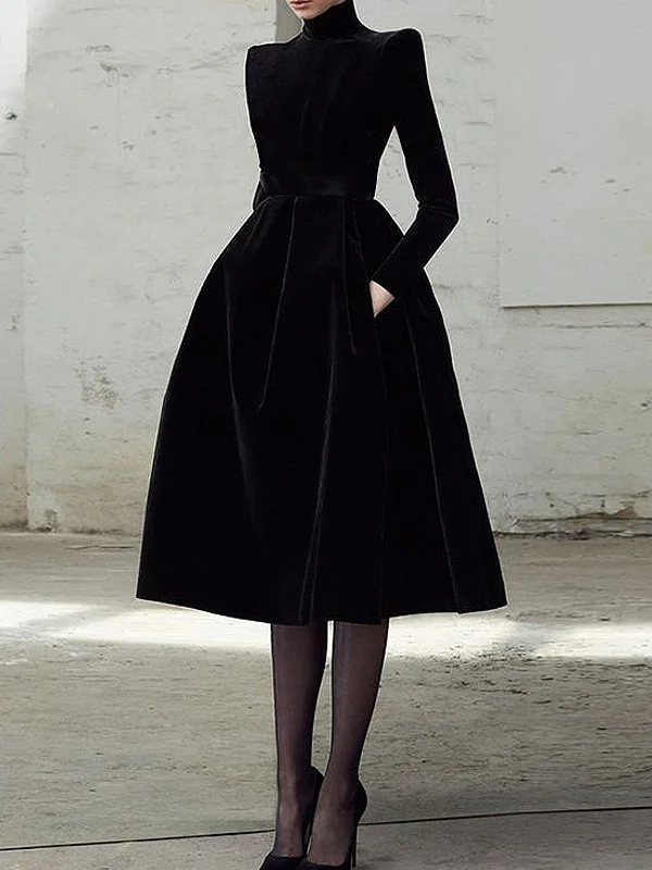 Plain Elegant Stand Collar Long sleeve  Midi Party Dress Boat Neckline Classic