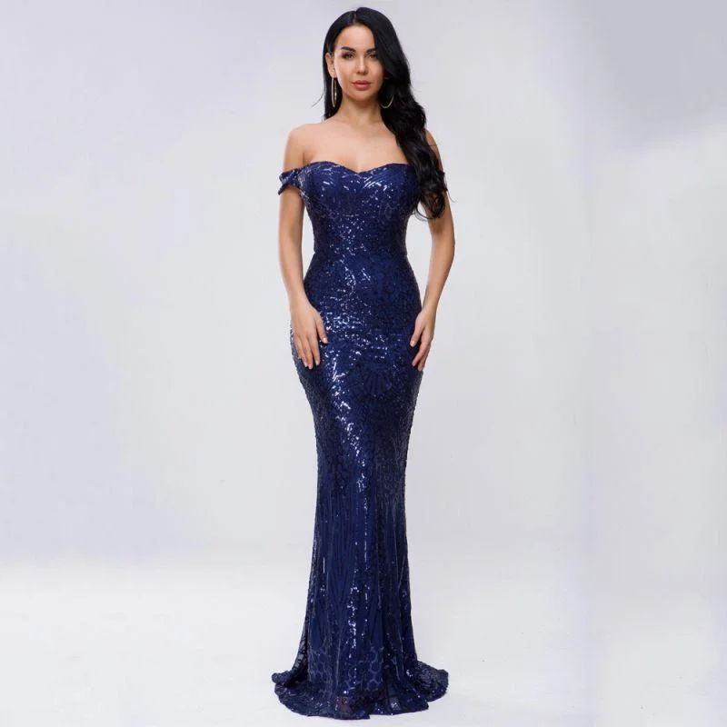 Women Sexy Off-shoulder Design Unique Sequin Decor Fishtail Maxi Party Dress Tunics Summer linen