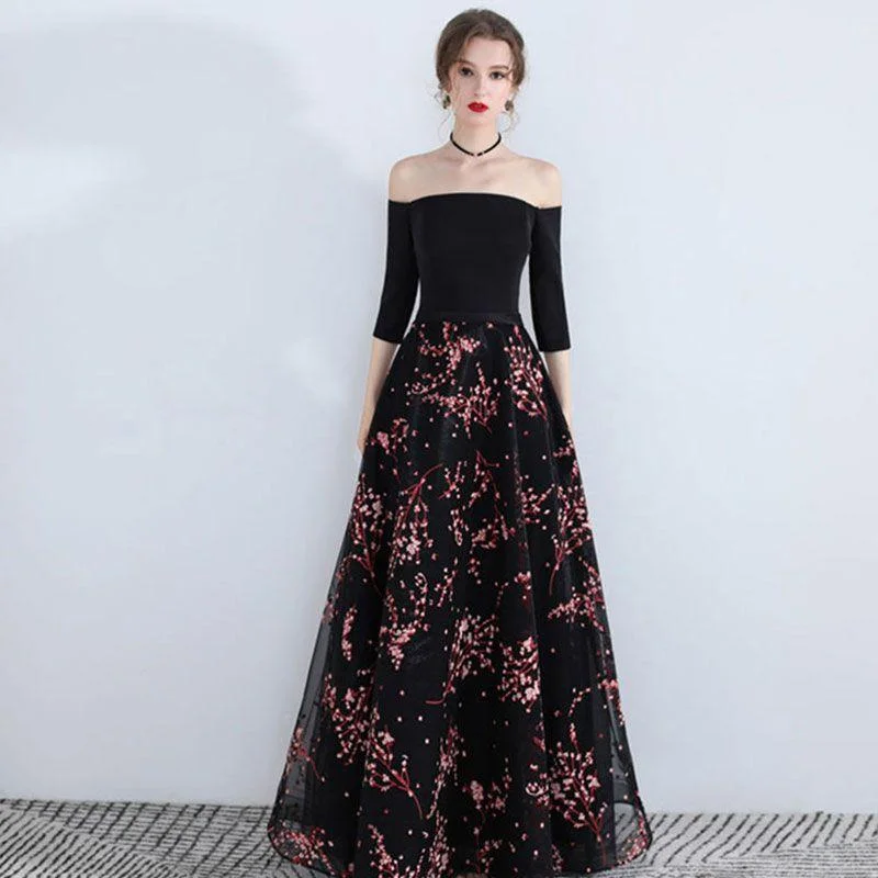 Women Sexy Off-shoulder Half Sleeves Pattern Flower Embroidered Party Dress Tunics Chinos classic