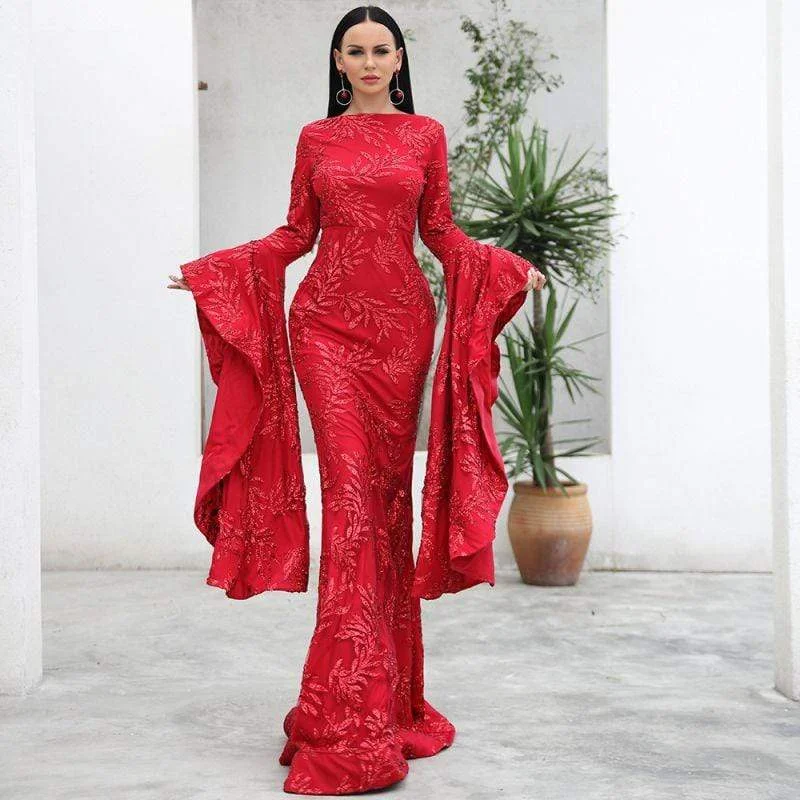 Women Vintage Fluttering Sleeve Glitter Embroidery Detailing Elegant Evening Party Dress Tunics Travel practical