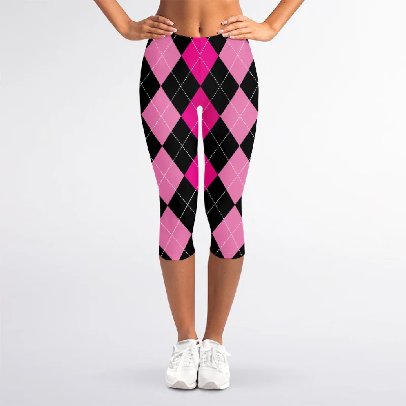 Black And Deep Pink Argyle Pattern Print Women's Capri Leggings Comfortable Zip-Up Leggings