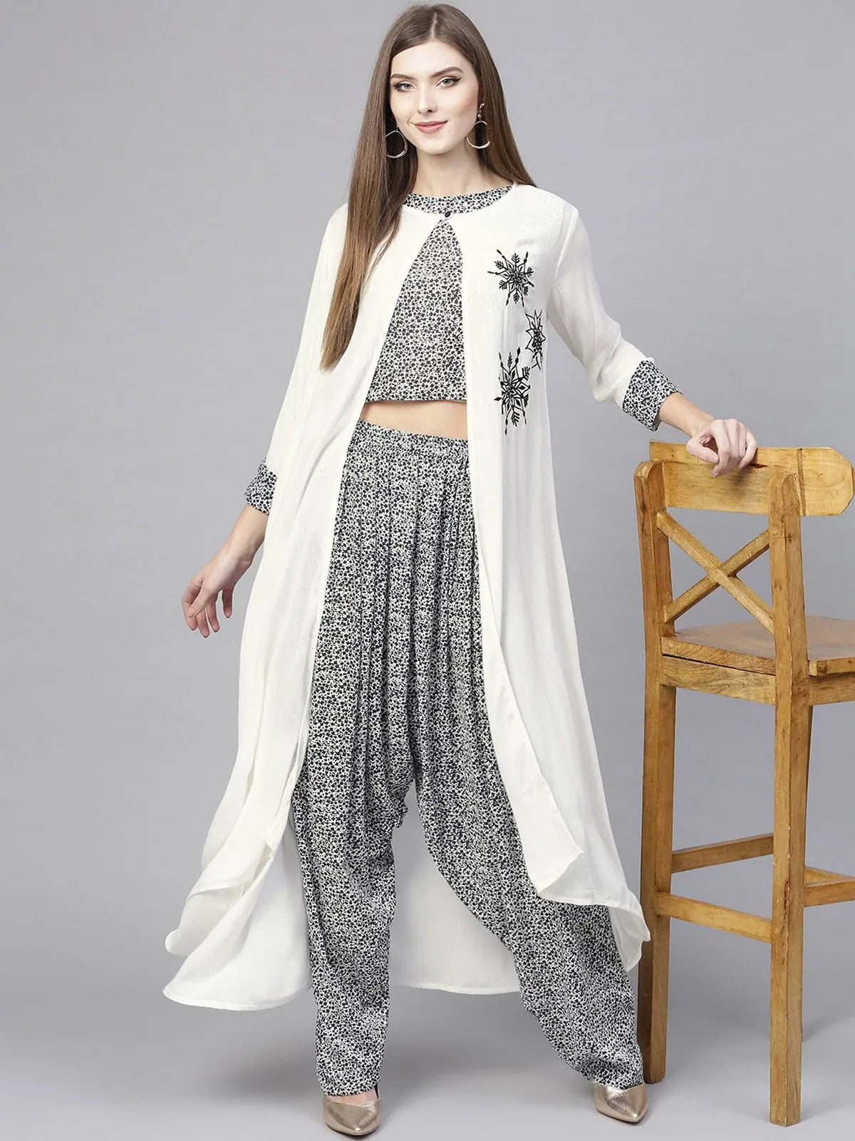 Top With Dhoti Salwar With Long Embroidered Jacket Lace Jacket Ribbed Jacket Sequined Jacket