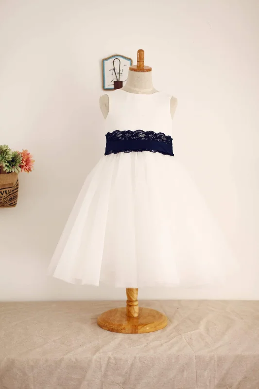 Ivory Satin Tulle Flower Girl Dress, Navy Blue Lace Sash