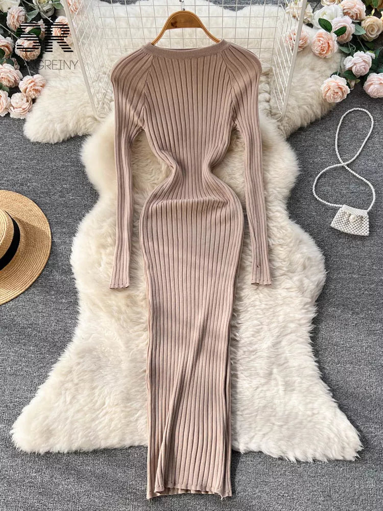 Winter Women Knit Maxi Dress O Neck Autumn Long Sleeve Slim Solid Harajuku Ladies Fashion Pencil Sweater Long Dresses Slim Fit Regular Fit Oversized