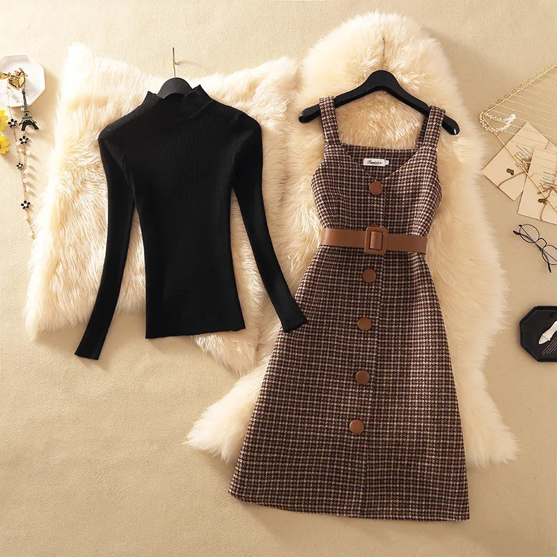Streetwear Two Piece Dress Women Autumn Winter Sweater Wool Knee-Length Spaghetti Strap With Belt Elegant Party Vestidos Tailored Straight A-Line
