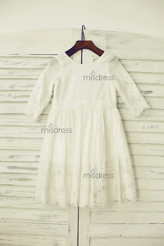 Long Sleeve Ivory Eyelet Cotton Lace Knee Length Flower Girl Dress