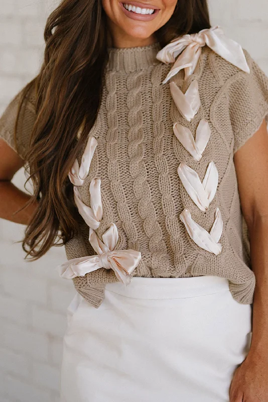 Cable Knit Colorblock Satin Bowknot Short Sleeve Sweater Knit Fabric Woven Fabric Fleece Fabric