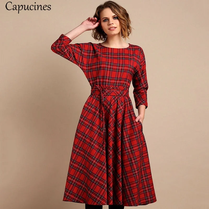 Classic England Style Red Plaid Dress Women Autumn 3/4 Sleeves O-Neck Sashes A-Line Casual Dress Vintage Midi Party Dresses Tunics Top Casual