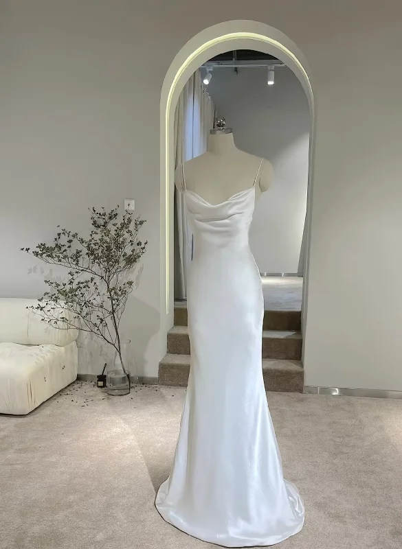White Soft Satin Straps Simple Long Wedding Party Dress, White Long Evening Dress Tunics stripes playful