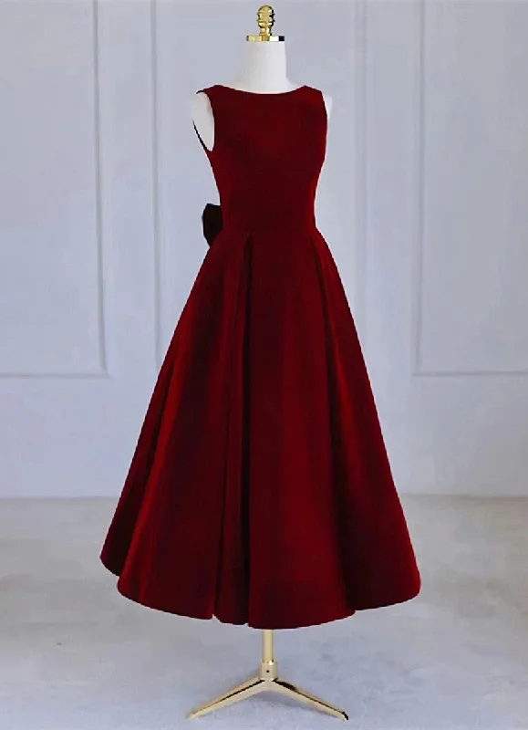 Wine Red Tea Length Velvet Party Dress with Bow, Burgundy Wedding Party Dresses Tunics Silk luxurious